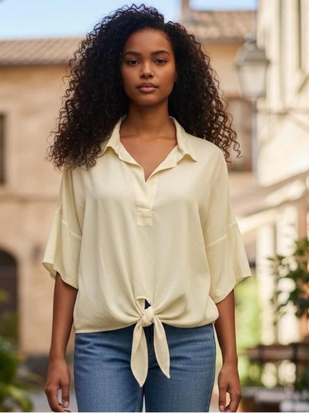 Women's butter yellow chiffon Tie-Front Blouse